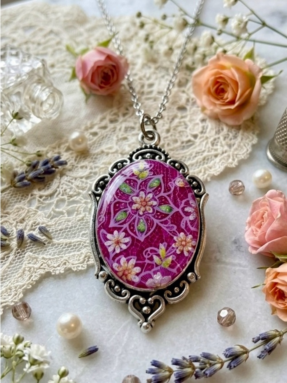 Handcrafted Pink Floral Pendant Necklace - Women Jewelry